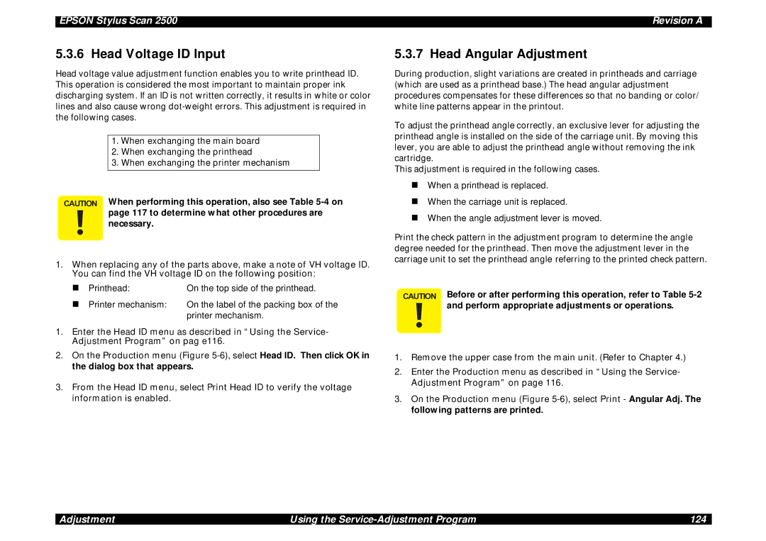 Epson Scan 2500 service manual Head Voltage ID Input, Head Angular Adjustment, Following patterns are printed 