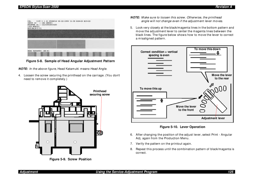 Epson Scan 2500 service manual Sample of Head Angular Adjustment Pattern, Printhead Securing screw 