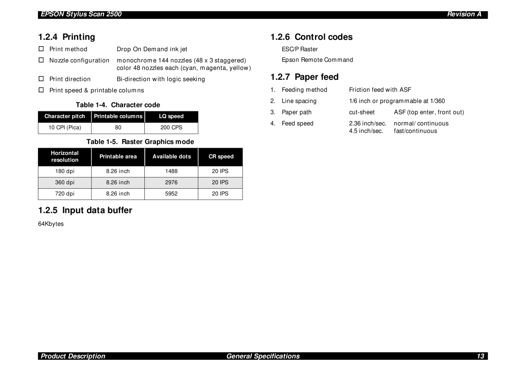 Epson Scan 2500 service manual Printing, Input data buffer, Control codes, Paper feed, Raster Graphics mode 