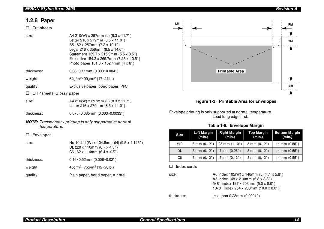 Epson Scan 2500 service manual Paper, Printable Area for Envelopes, Envelope Margin 