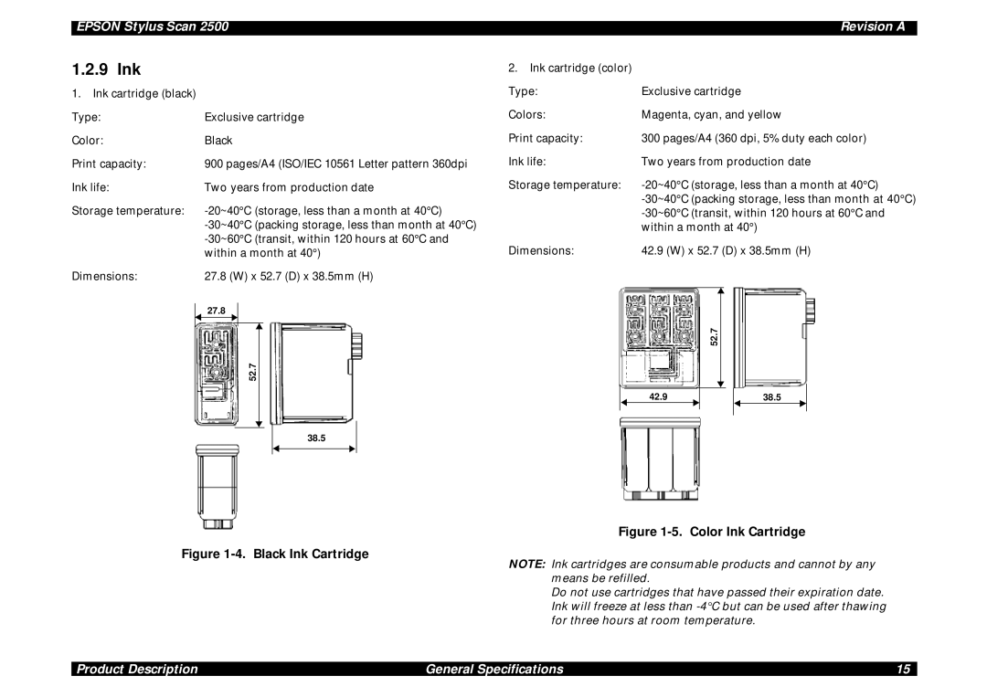 Epson Scan 2500 service manual 9 Ink, Color Ink Cartridge 