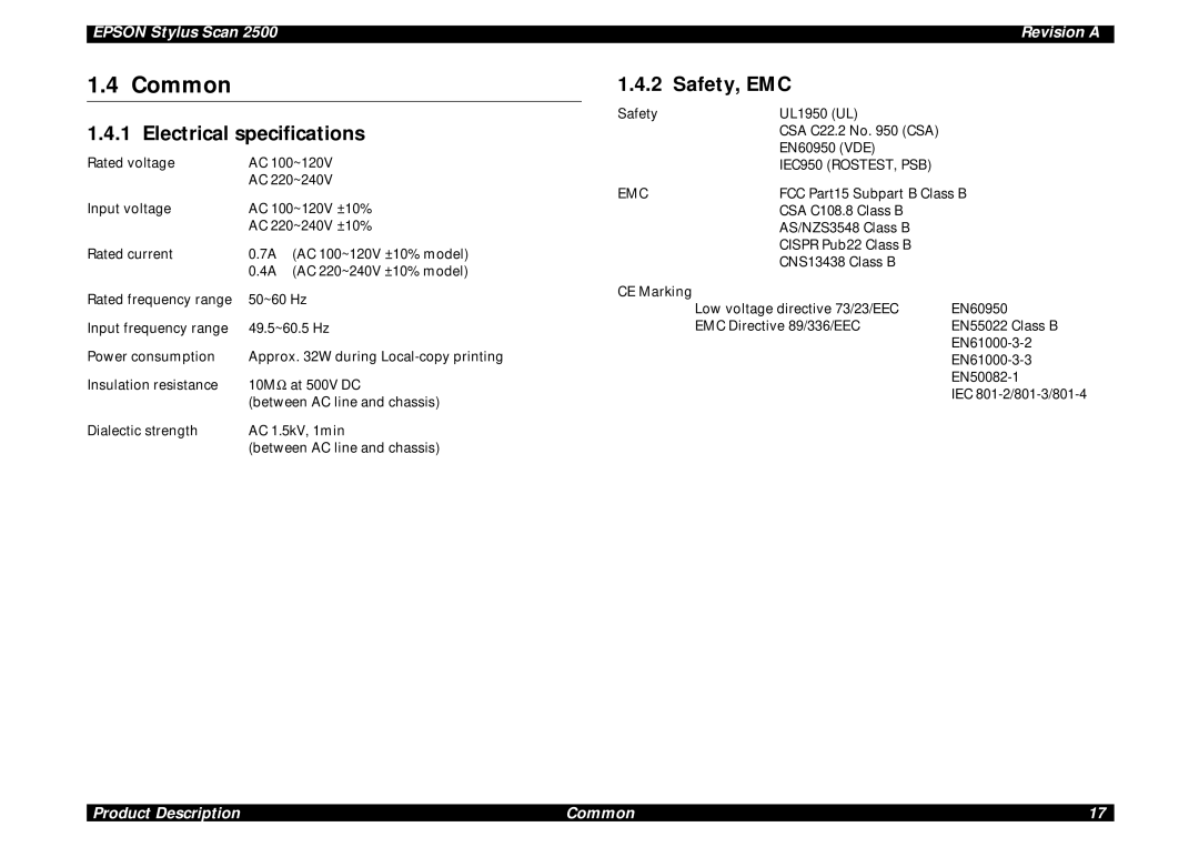 Epson Scan 2500 service manual Common, Safety, EMC Electrical specifications 