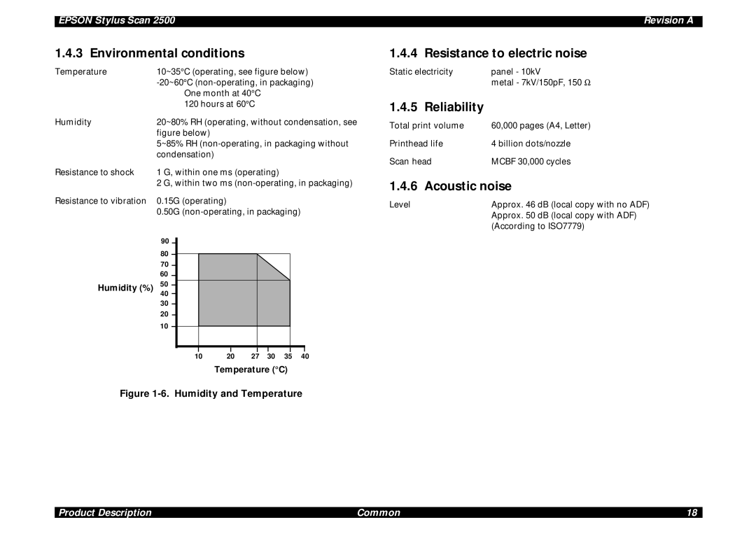 Epson Scan 2500 service manual Environmental conditions, Resistance to electric noise, Reliability, Acoustic noise 