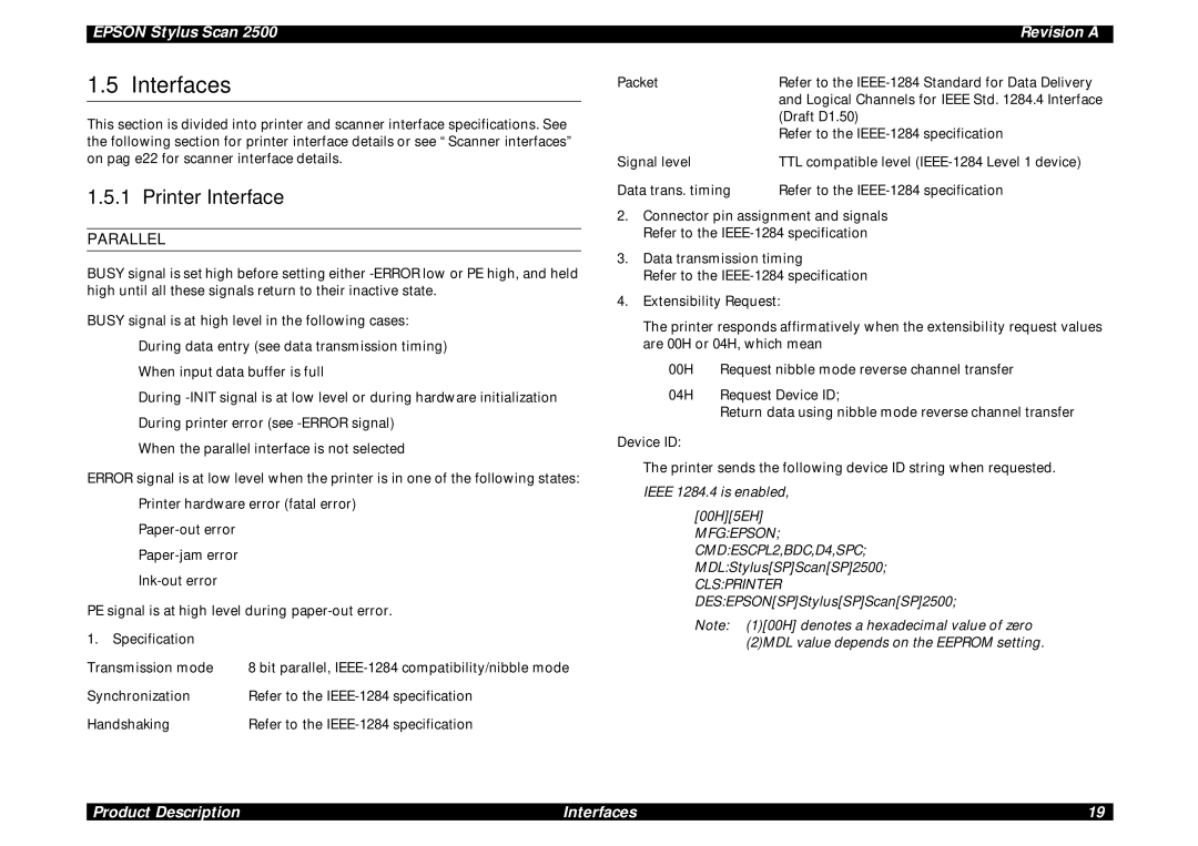 Epson Scan 2500 service manual Interfaces, Printer Interface, Parallel 