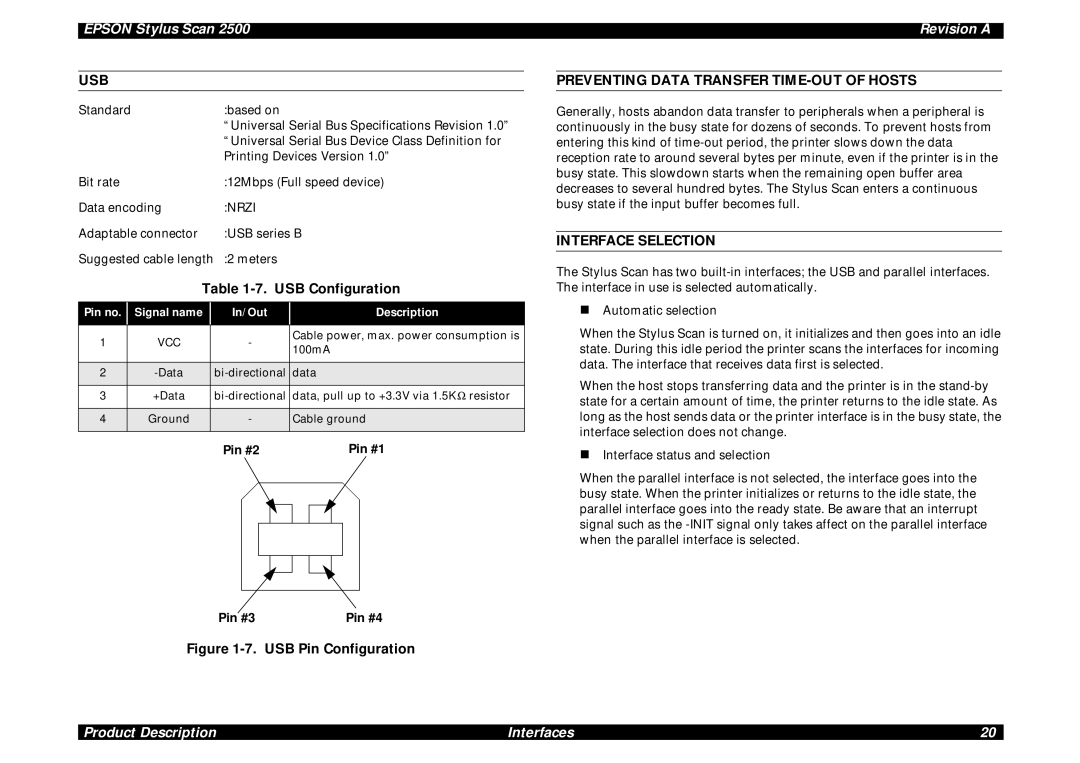 Epson Scan 2500 USB Preventing Data Transfer TIME-OUT of Hosts, Interface Selection, USB Configuration, Pin #2 Pin #1 