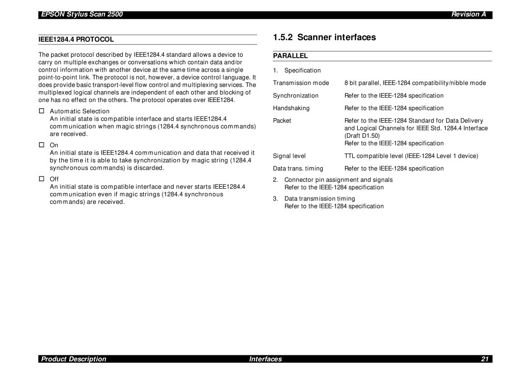 Epson Scan 2500 service manual Scanner interfaces, IEEE1284.4 Protocol 