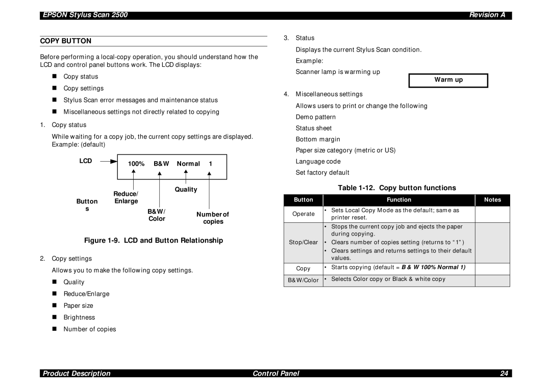 Epson Scan 2500 Copy Button, Copy button functions, 100% B&W Normal Quality Reduce Button Enlarge Number Color, Warm up 