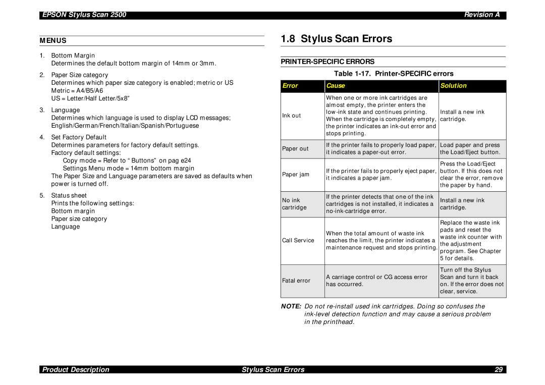 Epson Scan 2500 service manual Stylus Scan Errors, Menus, PRINTER-SPECIFIC Errors, Printer-SPECIFIC errors 