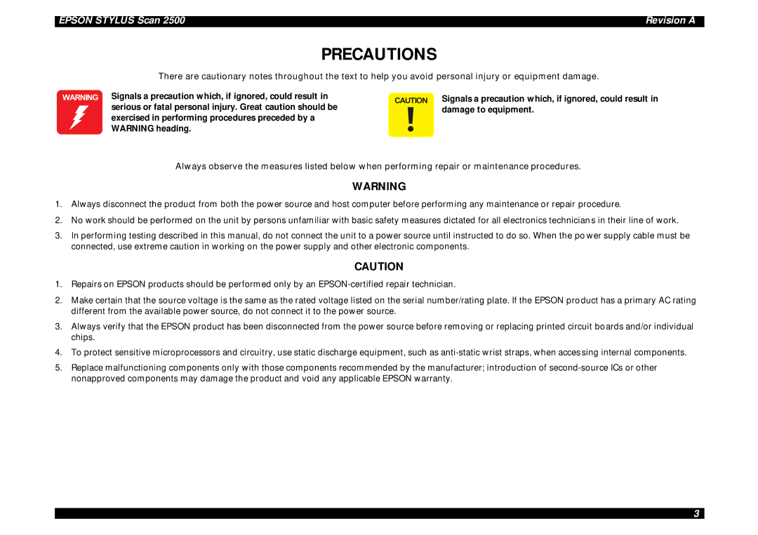 Epson Scan 2500 service manual Precautions 