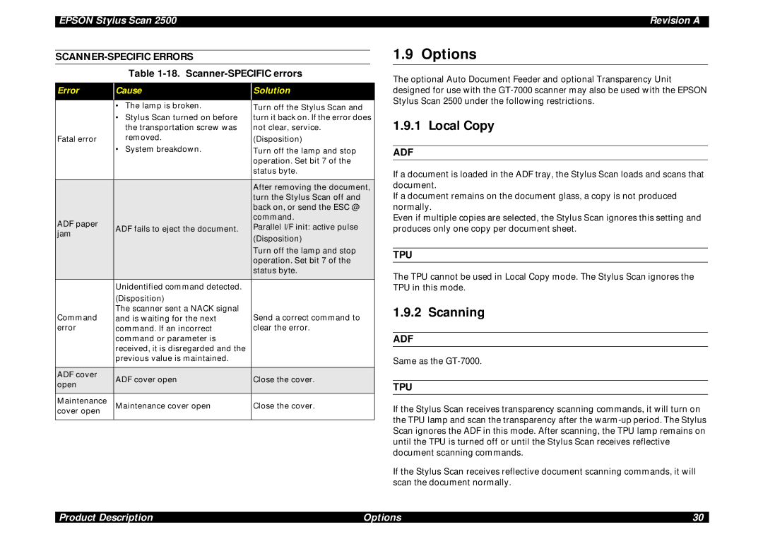 Epson Scan 2500 service manual Options, Scanning, SCANNER-SPECIFIC Errors, Adf, Tpu 