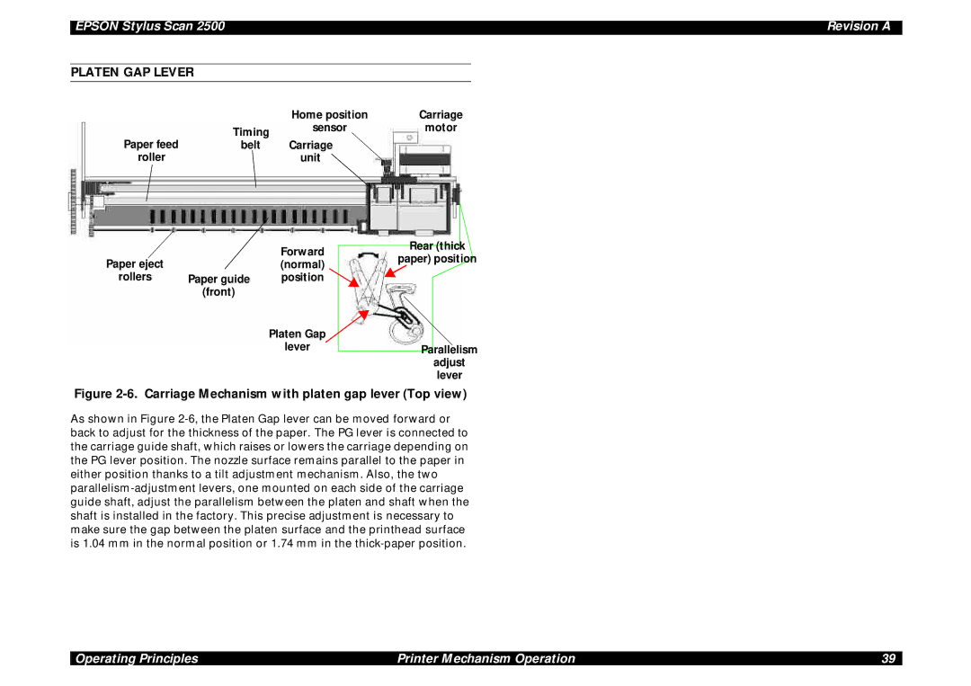 Epson Scan 2500 service manual Platen GAP Lever, Motor, Unit Forward, Normal, Position Front 