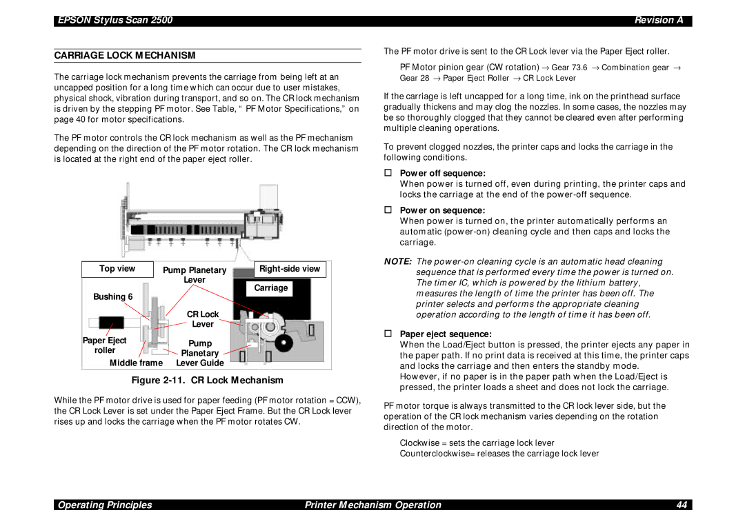 Epson Scan 2500 service manual Carriage Lock Mechanism, Power off sequence, Power on sequence, Paper eject sequence 