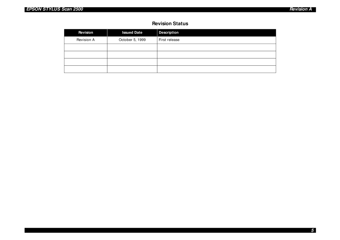 Epson Scan 2500 service manual Revision Status, Issued Date, Description 