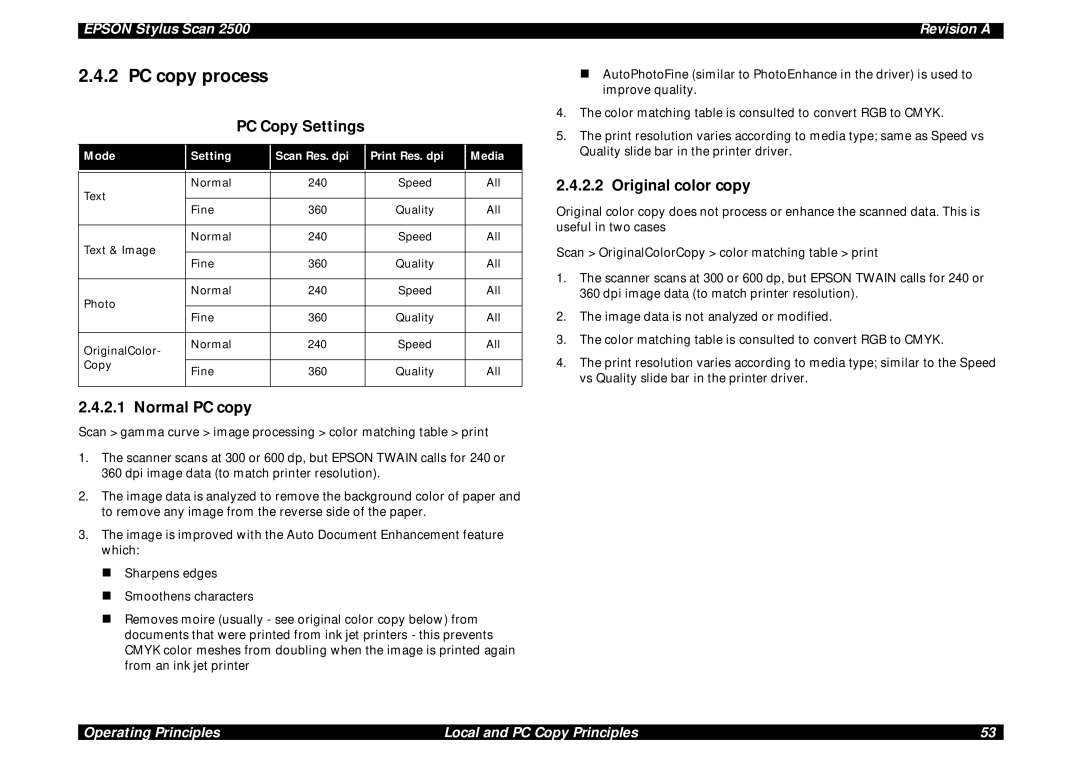 Epson Scan 2500 service manual PC copy process, PC Copy Settings, Normal PC copy, Original color copy 