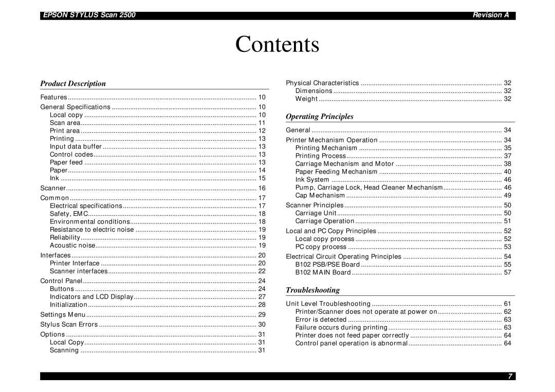 Epson Scan 2500 service manual Contents 