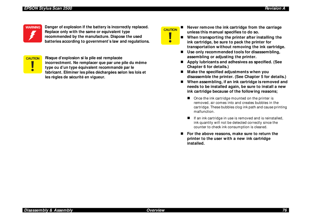 Epson Scan 2500 Never remove the ink cartridge from the carriage, Unless this manual specifies to do so, For details 