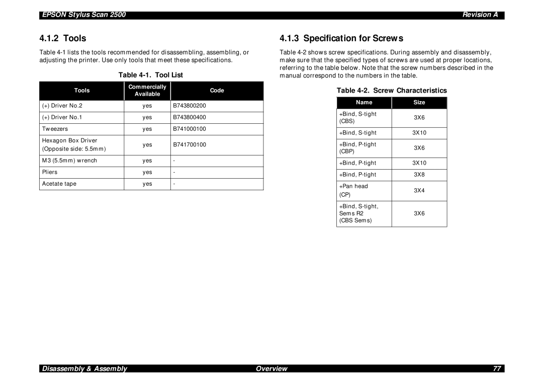 Epson Scan 2500 service manual Tools, Specification for Screws, Tool List, Screw Characteristics 