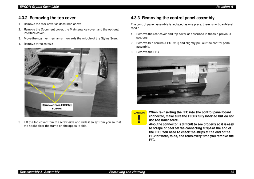 Epson Scan 2500 service manual Removing the top cover, Removing the control panel assembly, Remove three CBS 3x6 screws 