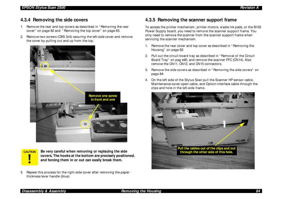 Epson Scan 2500 service manual Removing the side covers, Removing the scanner support frame 