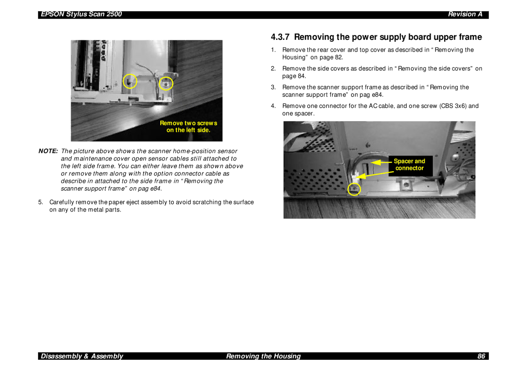 Epson Scan 2500 service manual Removing the power supply board upper frame, Remove two screws On the left side 