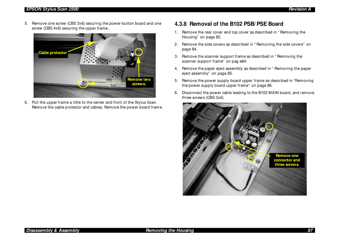 Epson Scan 2500 service manual Removal of the B102 PSB/PSE Board, Cable protector Remove two Screws 