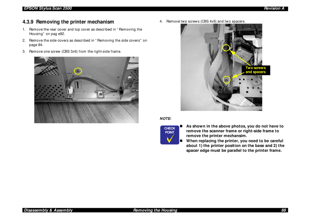 Epson Scan 2500 service manual Removing the printer mechanism 