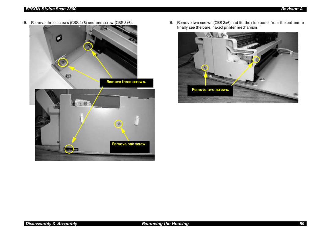 Epson Scan 2500 service manual Remove three screws Remove two screws Remove one screw 