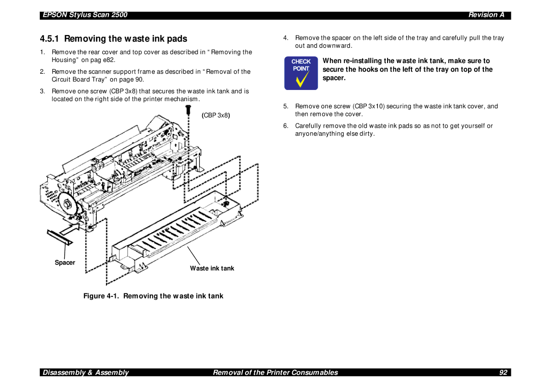 Epson Scan 2500 service manual Removing the waste ink pads, Spacer Waste ink tank 