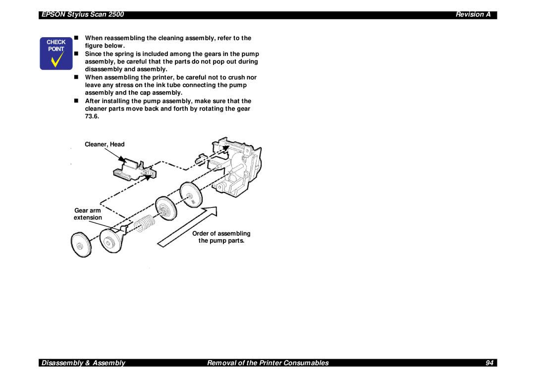 Epson Scan 2500 When reassembling the cleaning assembly, refer to, Disassembly and assembly, Assembly and the cap assembly 