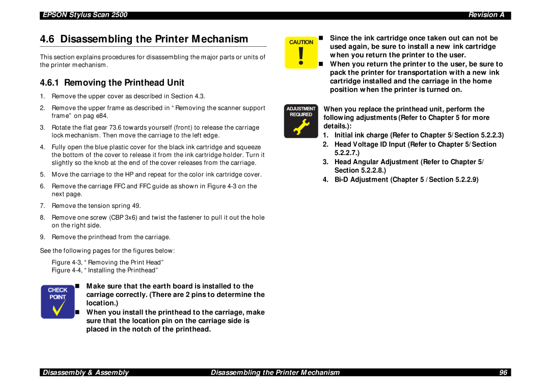 Epson Scan 2500 service manual Disassembling the Printer Mechanism, Removing the Printhead Unit 