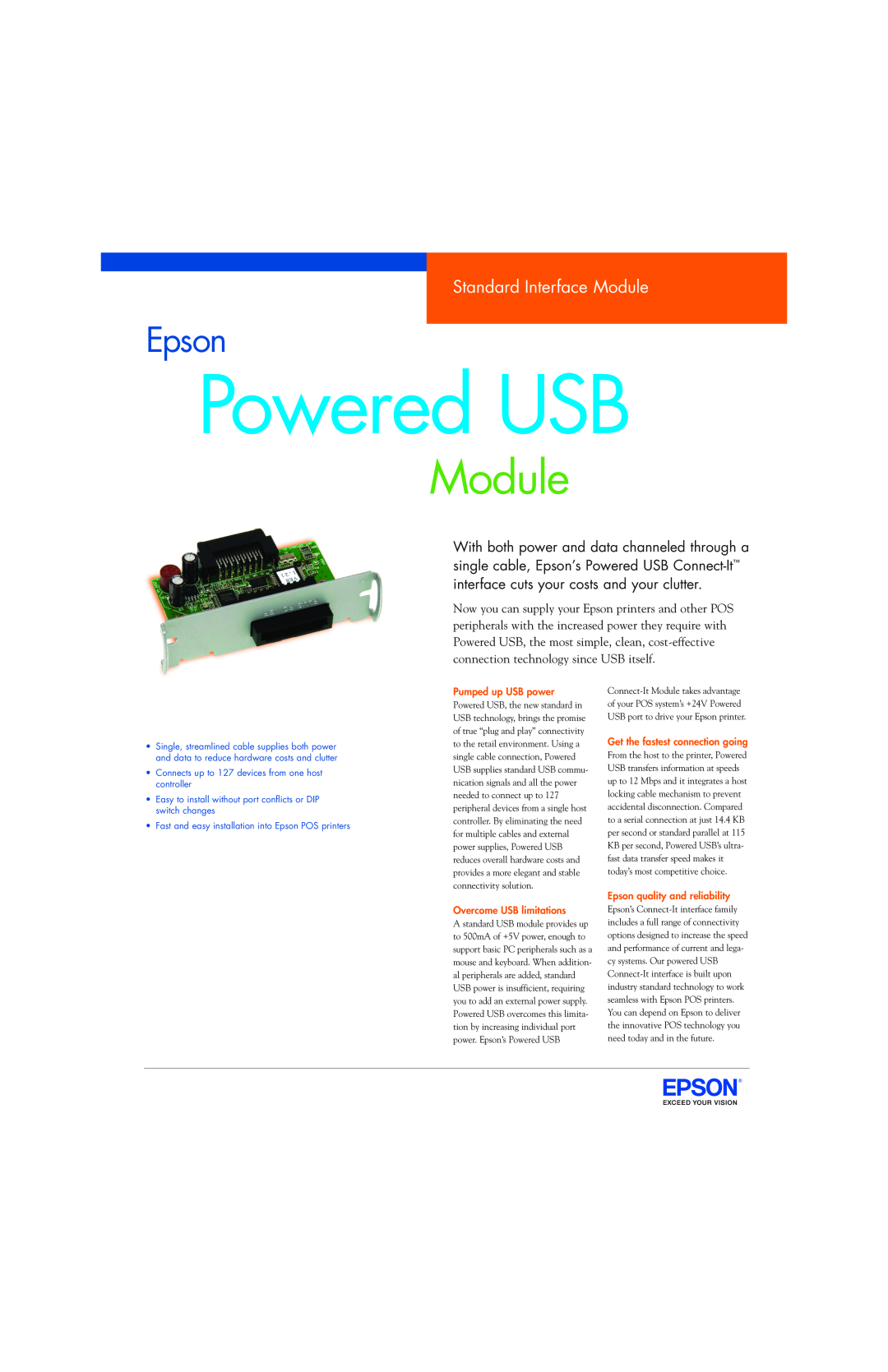 Epson SD-DSPUSBB manual Powered USB, Epson, Standard Interface Module, Pumped up USB power, Overcome USB limitations 