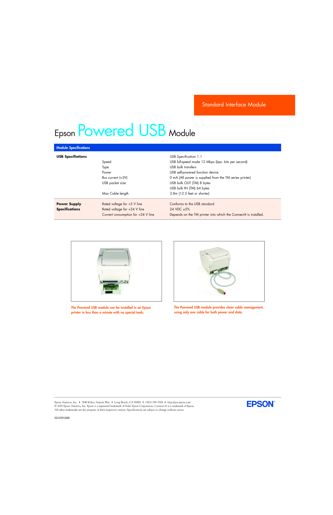 Epson SD-DSPUSBB manual Epson Powered USB Module, Standard Interface Module, Module Specifications, USB Specifiations 