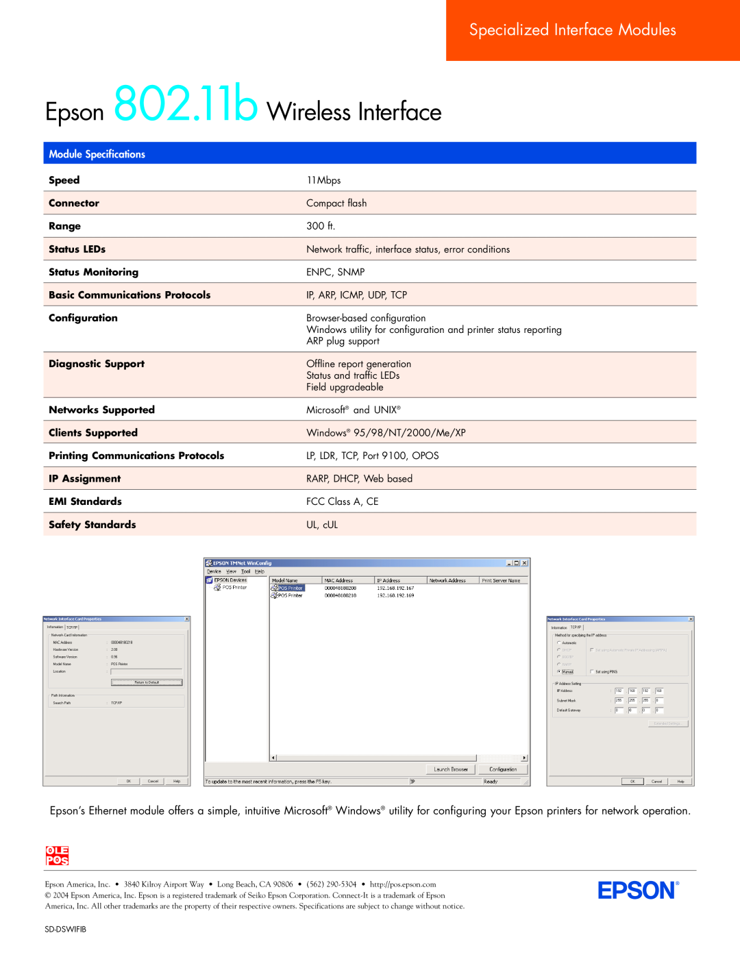 Epson SD-DSWIFIB manual Epson 802.11b Wireless Interface, Specialized Interface Modules, Module Specifications 