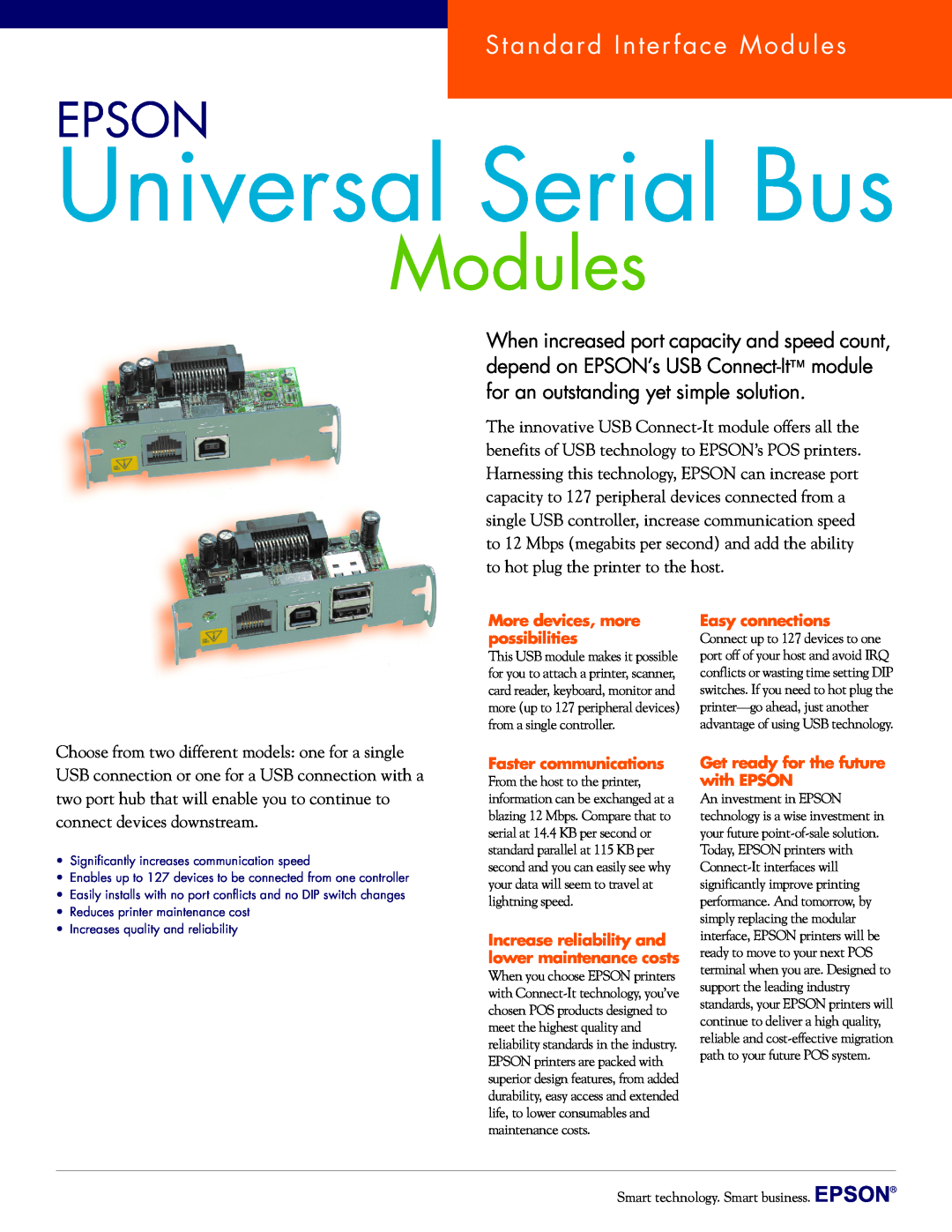 Epson SD-USBA manual Universal Serial Bus, Epson, Standard Interface Modules 