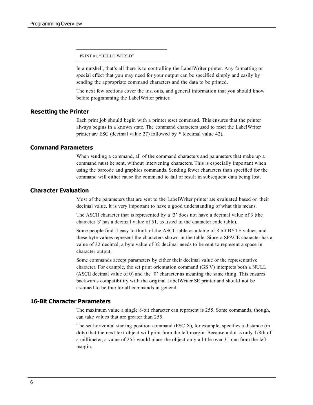 Epson SE450 manual Resetting the Printer, Command Parameters, Character Evaluation, Bit Character Parameters 