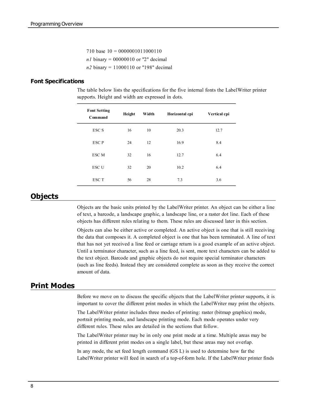 Epson SE450 manual Objects, Print Modes, Font Specifications 