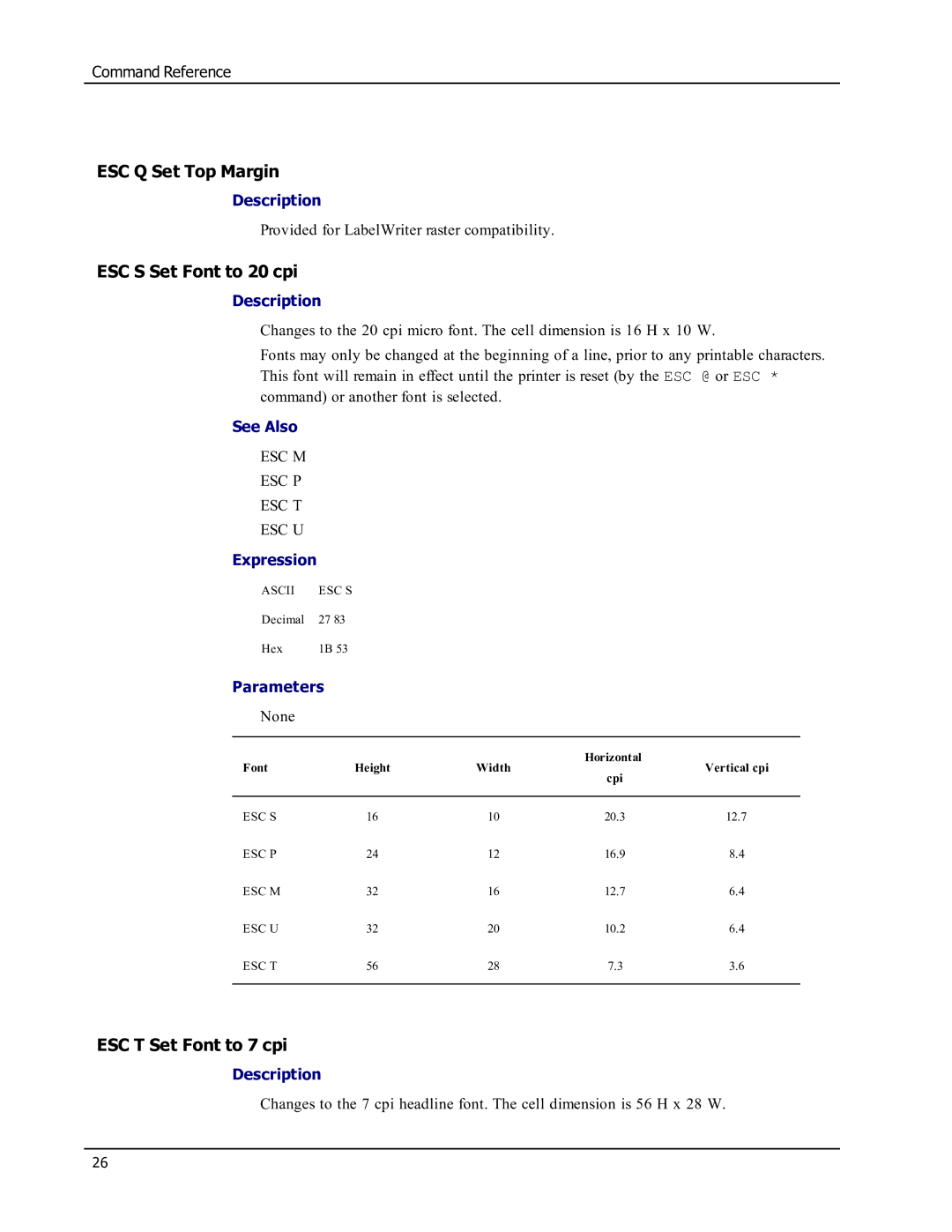 Epson SE450 manual ESC Q Set Top Margin, ESC S Set Font to 20 cpi, ESC T Set Font to 7 cpi 