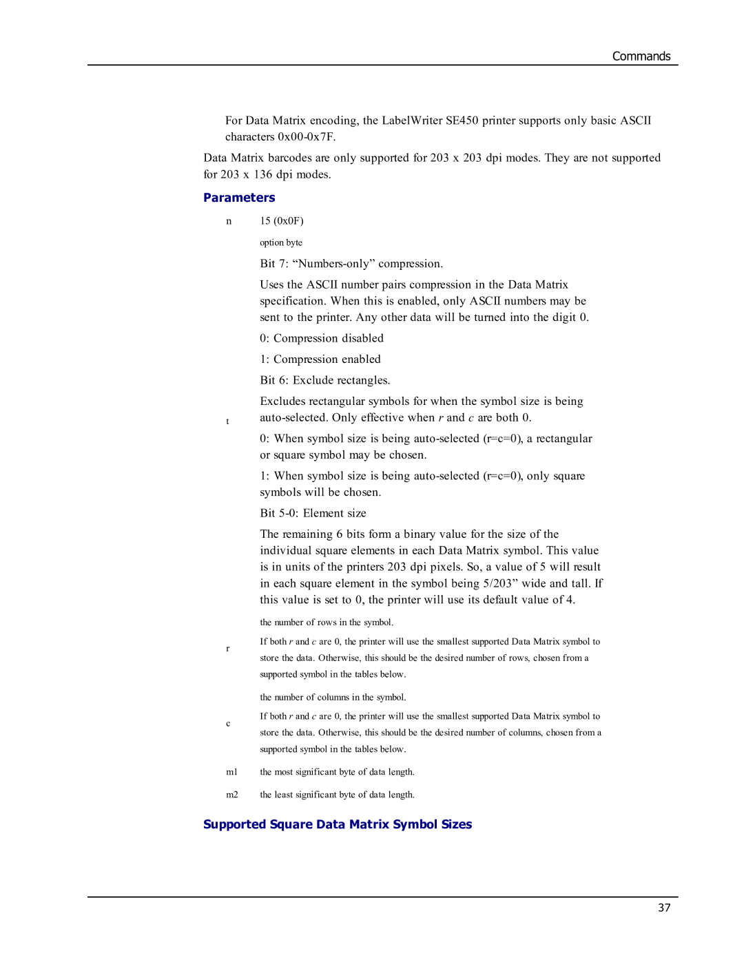 Epson SE450 manual Supported Square Data Matrix Symbol Sizes 