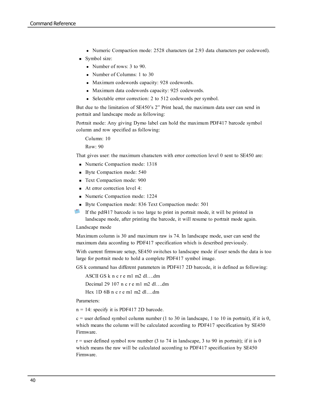 Epson SE450 manual Command Reference 