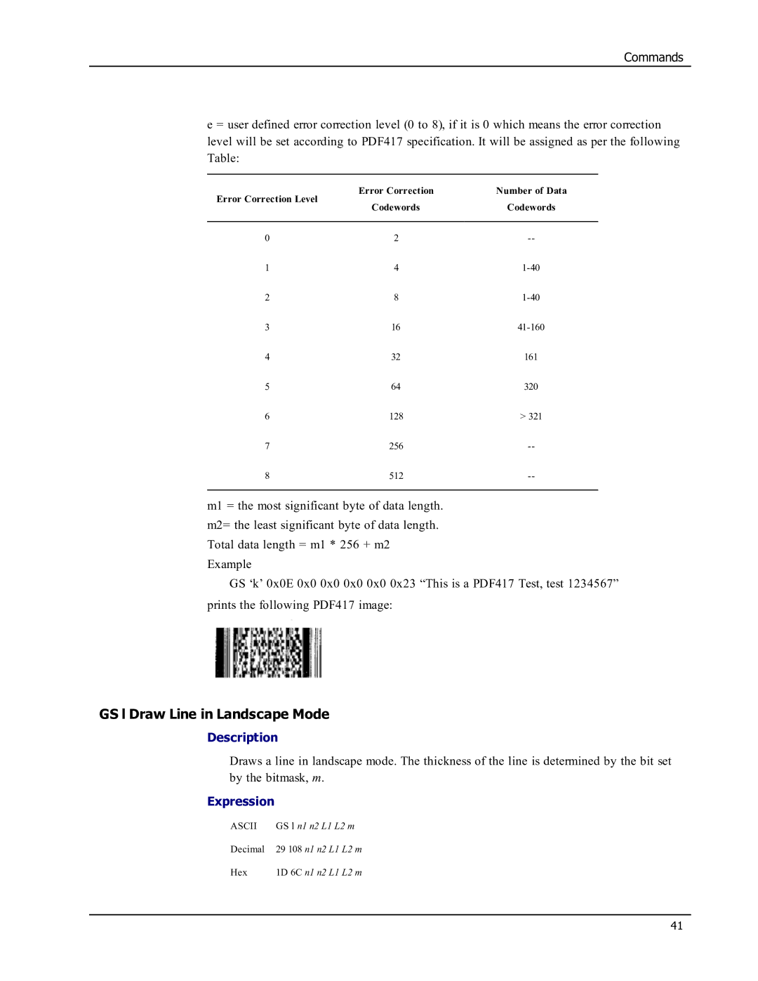 Epson SE450 manual GS l Draw Line in Landscape Mode 