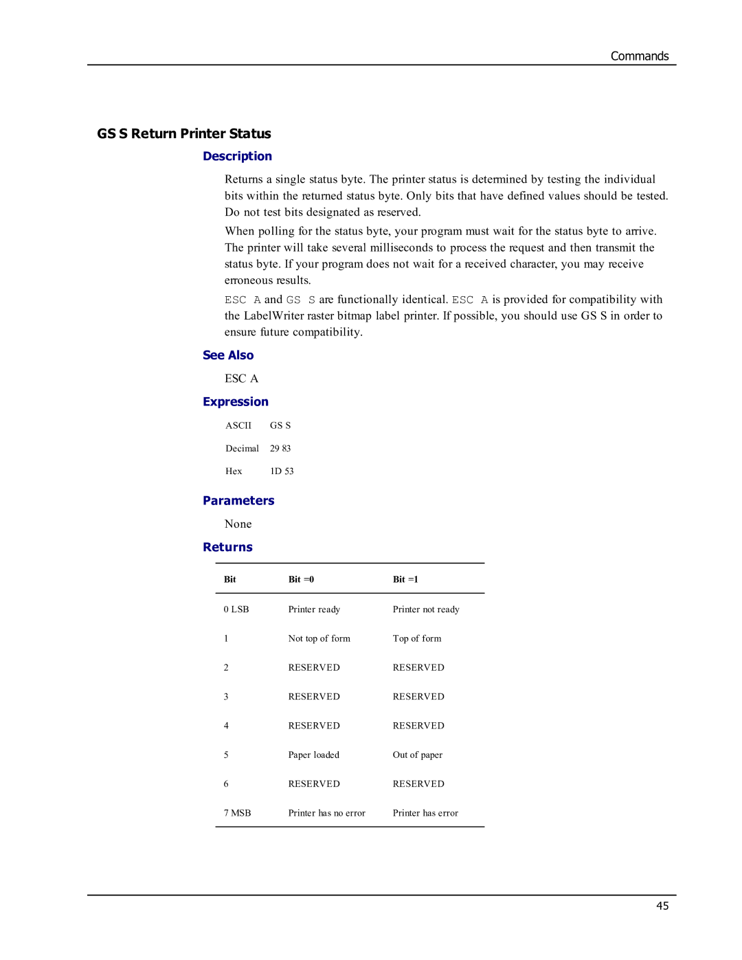 Epson SE450 manual GS S Return Printer Status, Returns 