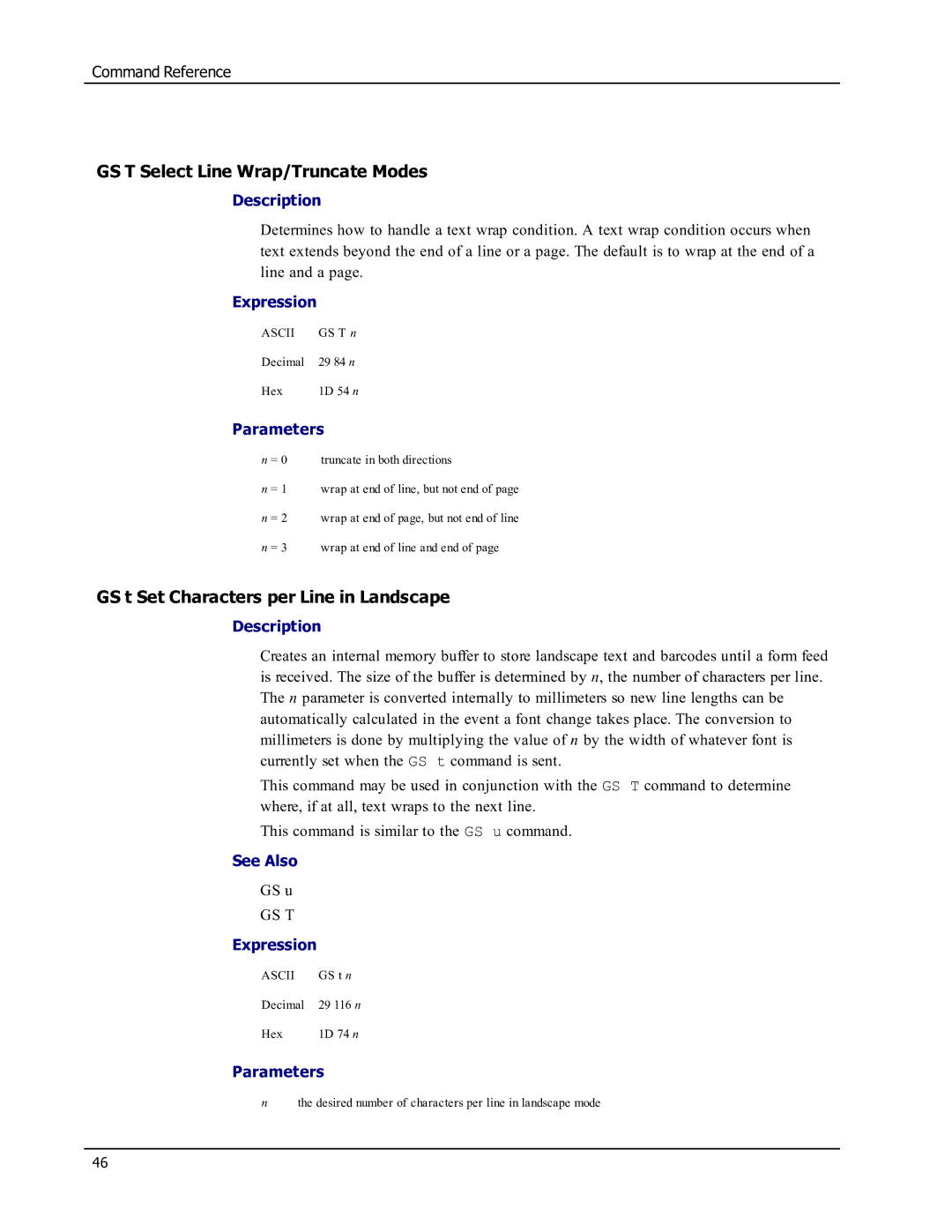 Epson SE450 manual GS T Select Line Wrap/Truncate Modes, GS t Set Characters per Line in Landscape 