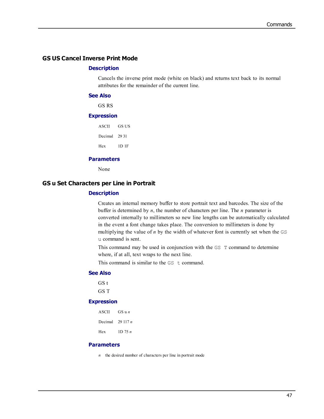 Epson SE450 manual GS US Cancel Inverse Print Mode, GS u Set Characters per Line in Portrait 