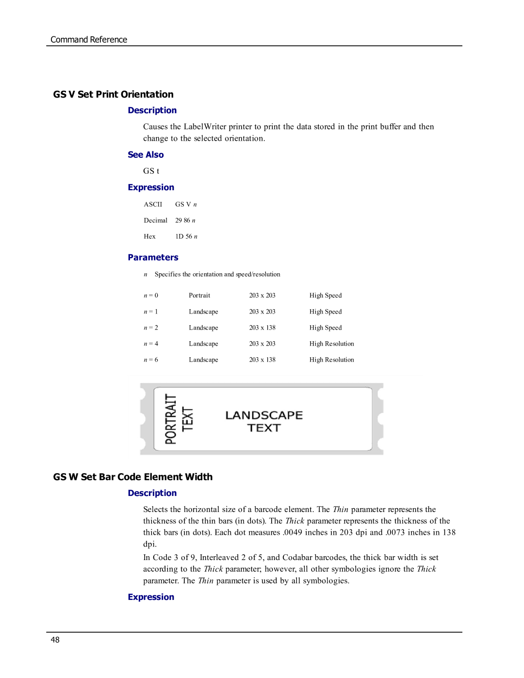 Epson SE450 manual GS V Set Print Orientation, GS W Set Bar Code Element Width 