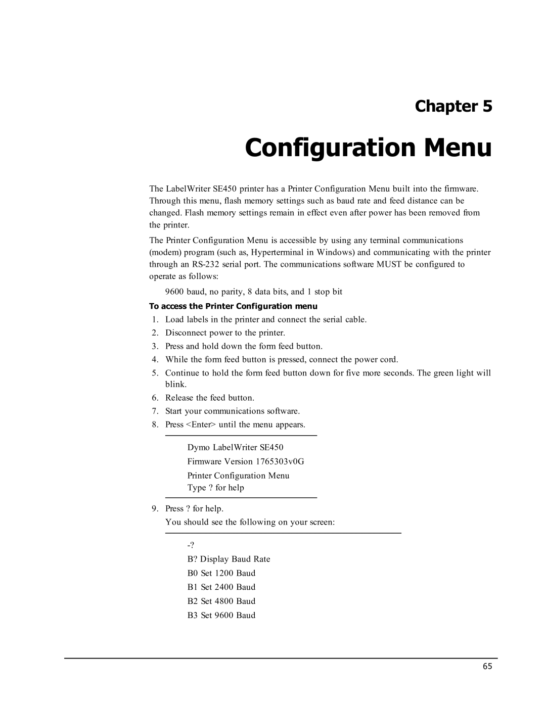 Epson SE450 manual Configuration Menu 