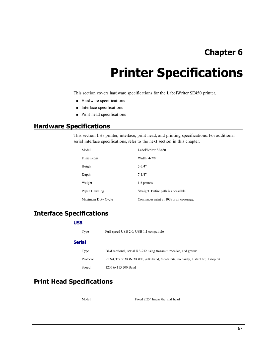 Epson SE450 manual Printer Specifications, Hardware Specifications, Interface Specifications, Print Head Specifications 