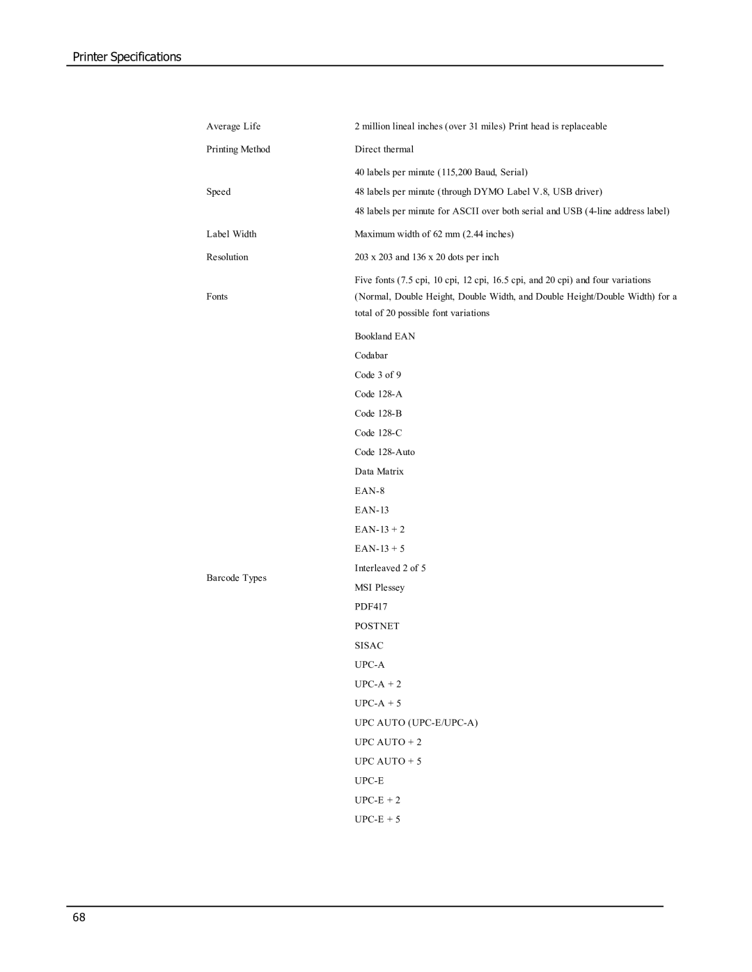 Epson SE450 manual Printer Specifications 