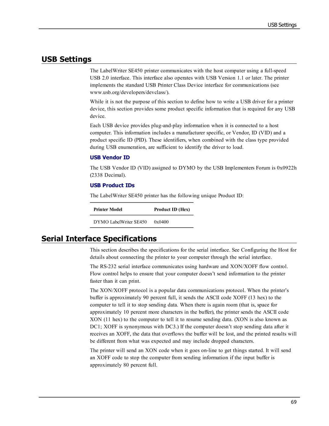 Epson SE450 manual USB Settings, Serial Interface Specifications 