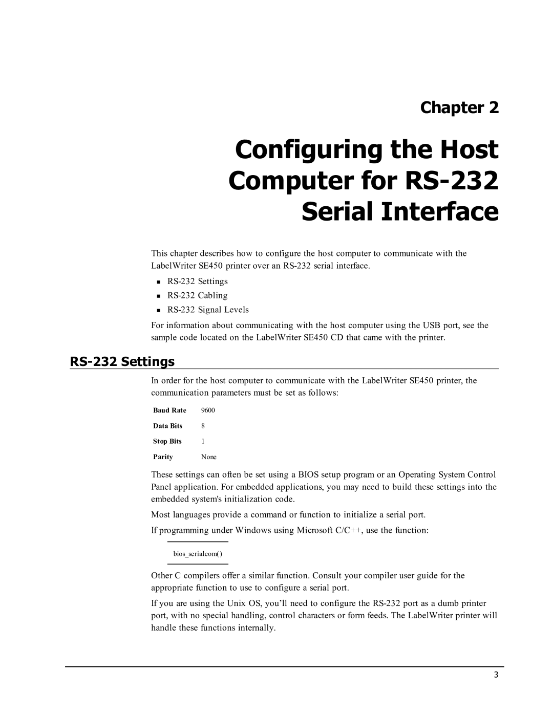 Epson SE450 manual Configuring the Host Computer for RS-232 Serial Interface, RS-232 Settings 