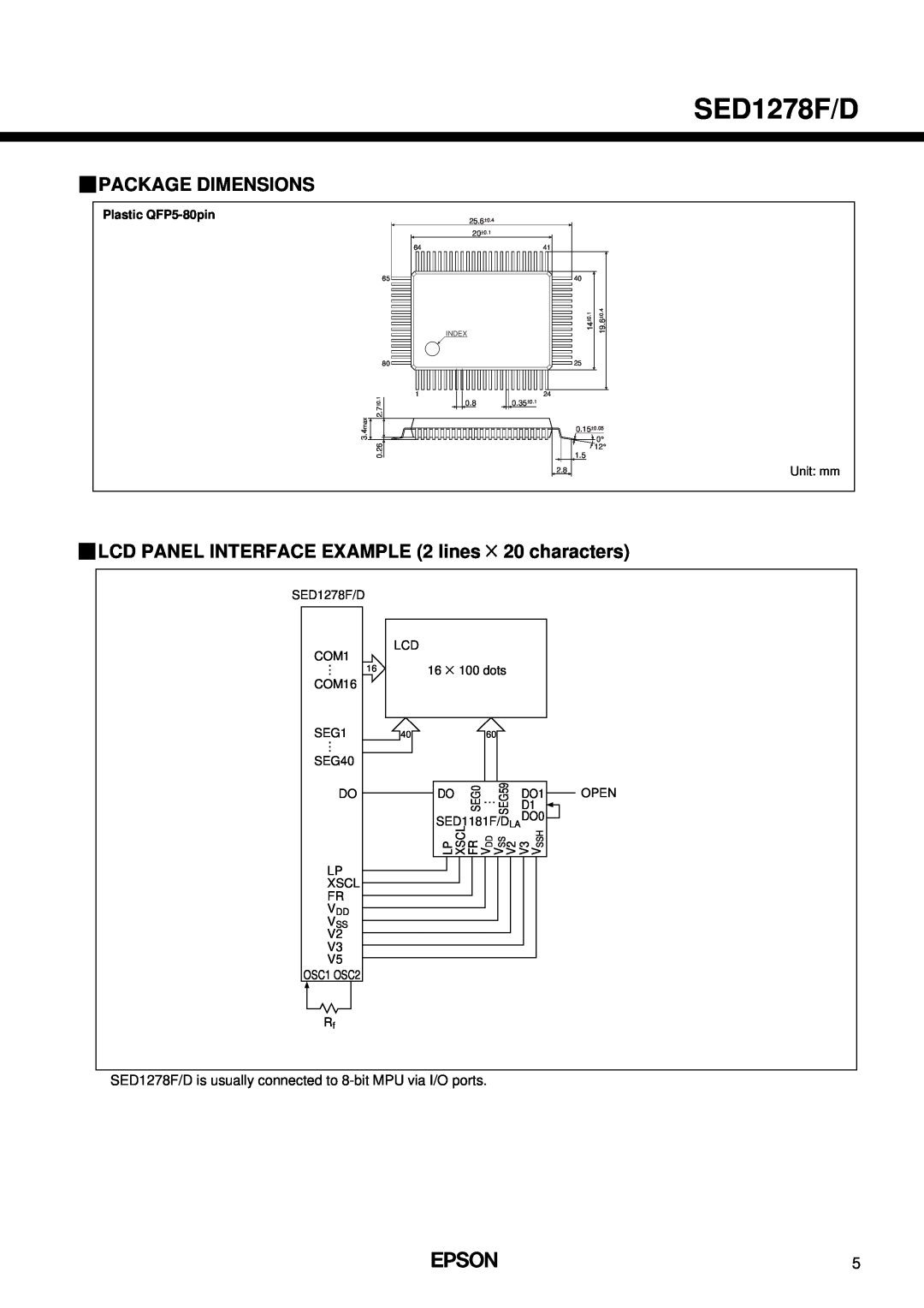 Epson SED1278F/D manual Package Dimensions, LCD PANEL INTERFACE EXAMPLE 2 lines, characters, Plastic QFP5-80pin 
